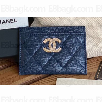 Chanel Gold-Tone Metal Logo Card Holder AP3048 in Grained Calfskin Blue