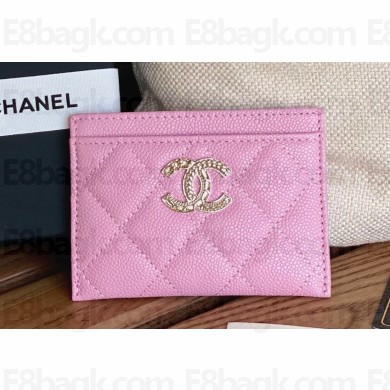 Chanel Gold-Tone Metal Logo Card Holder AP3048 in Grained Calfskin Pink