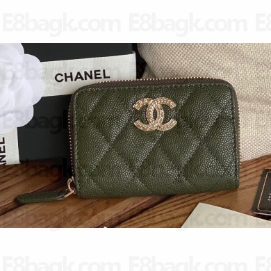 Chanel Gold-Tone Metal Logo Zip Card Holder AP3045 in Grained Calfskin Green