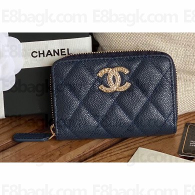 Chanel Gold-Tone Metal Logo Zip Card Holder AP3045 in Grained Calfskin Blue