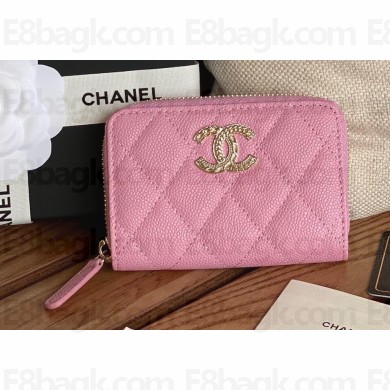 Chanel Gold-Tone Metal Logo Zip Card Holder AP3045 in Grained Calfskin Pink
