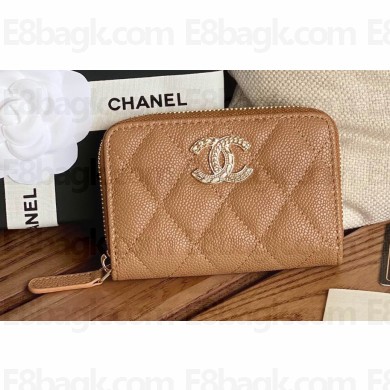 Chanel Gold-Tone Metal Logo Zip Card Holder AP3045 in Grained Calfskin Brown