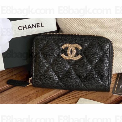 Chanel Gold-Tone Metal Logo Zip Card Holder AP3045 in Grained Calfskin Black