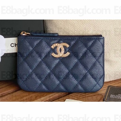 Chanel Gold-Tone Metal Logo Zip Card Holder AP3049 in Grained Calfskin Blue