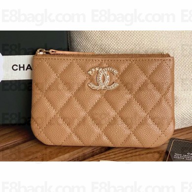 Chanel Gold-Tone Metal Logo Zip Card Holder AP3049 in Grained Calfskin Brown