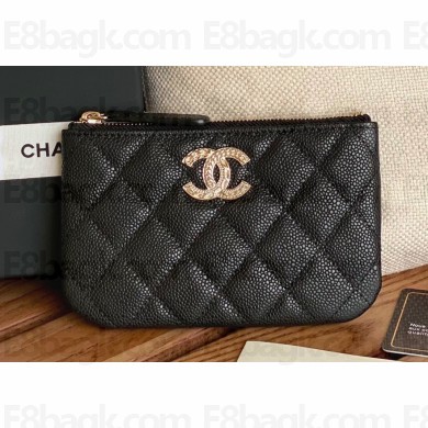 Chanel Gold-Tone Metal Logo Zip Card Holder AP3049 in Grained Calfskin Black