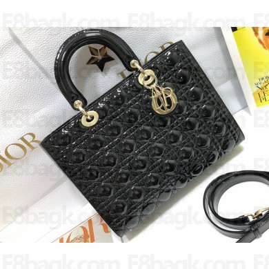 Dior Large Lady Dior Bag in Patent Cannage Calfskin Black