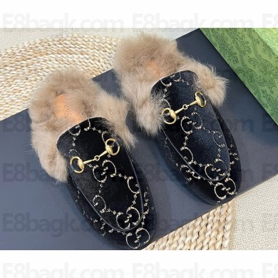 Gucci Wool Fur 2015 Re-Edition women's Princetown Slipper with Horsebit 397749 Jumbo GG Velvet Black 02 2023