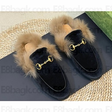 Gucci Wool Fur 2015 Re-Edition women's Princetown Slipper with Horsebit 397749 Velvet Black 2023