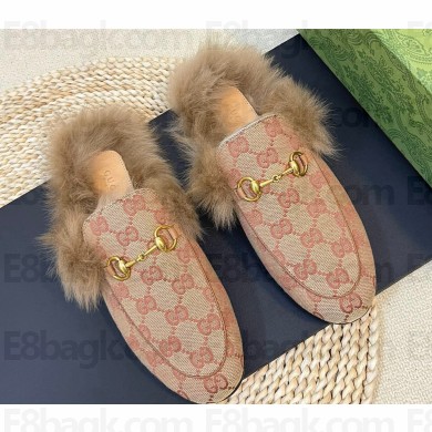 Gucci Wool Fur 2015 Re-Edition women's Princetown Slipper with Horsebit 397749 GG Canvas Red 2023