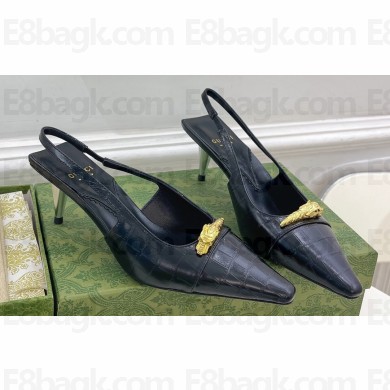 Gucci Heel 5.5cm Leather Pumps with Tiger head 764198 crocodile print Black 2023