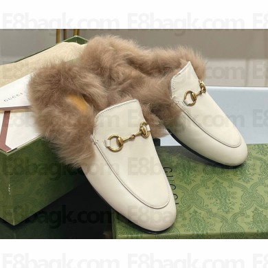 Gucci Wool Fur 2015 Re-Edition women's Princetown Slipper with Horsebit 397749 Leather White 2023
