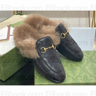 Gucci Wool Fur 2015 Re-Edition women's Princetown Slipper with Horsebit 397749 Leather GG Black 2023