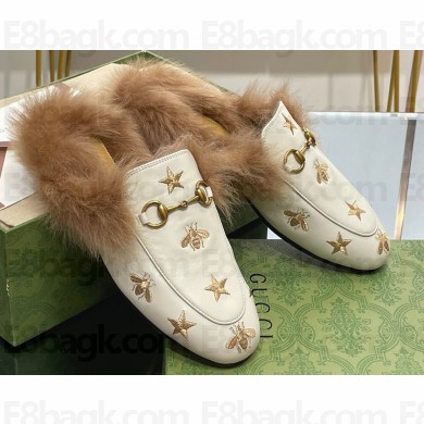 Gucci Wool Fur 2015 Re-Edition women's Princetown Slipper with Horsebit 397749 Leather Gold Bee and Star White 2023