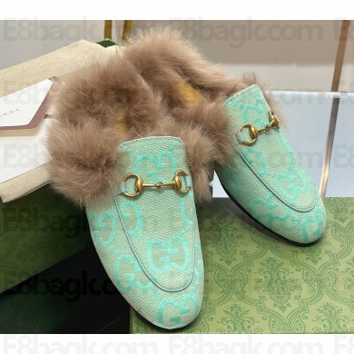 Gucci Wool Fur 2015 Re-Edition women's Princetown Slipper with Horsebit 397749 Jumbo GG Canvas Green 2023