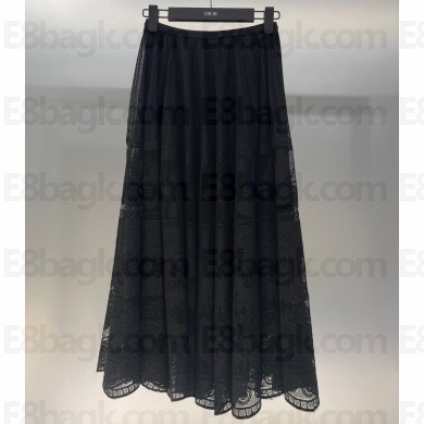 Dior Flared Mid-Length Skirt in Black Technical Cotton Lace with D-Lace Butterfly Motif 2023