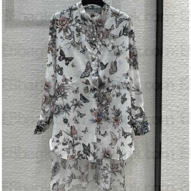 Dior Flared Mid-Length Shirt in White and Pastel Pink Cotton Voile with Toile de Jouy Mexico Motif 2023