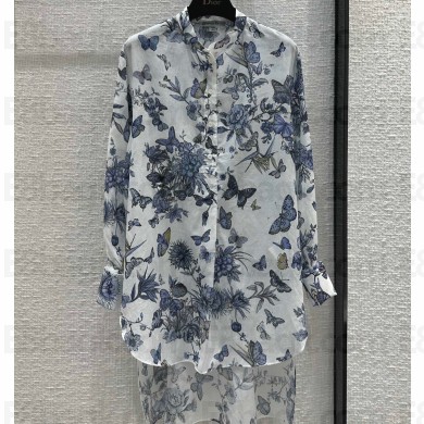 Dior Flared Mid-Length Shirt in White and Pastel Midnight Blue Cotton Voile with Toile de Jouy Mexico Motif 2023