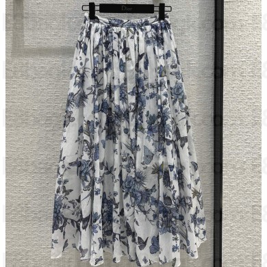 Dior Flared Mid-Length Skirt in White and Pastel Midnight Blue Cotton Voile with Toile de Jouy Mexico Motif 2023