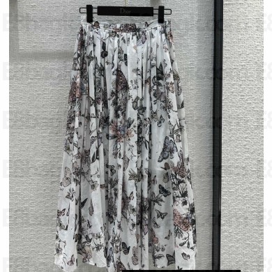 Dior Flared Mid-Length Skirt in White and Pastel Pink Cotton Voile with Toile de Jouy Mexico Motif 2023