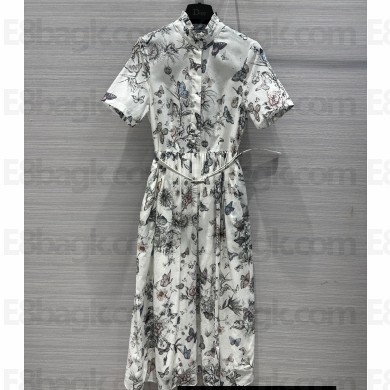 Dior Flared Mid-Length Dress in White and Pastel Pink Cotton Voile with Toile de Jouy Mexico Motif 2023