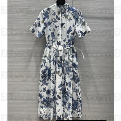 Dior Flared Mid-Length Dress in White and Pastel Midnight Blue Cotton Voile with Toile de Jouy Mexico Motif 2023