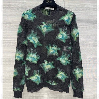 Dior Sweater in Green Multicolor Technical Cashmere, Mohair and Wool Knit with Dior Roses Motif 2023