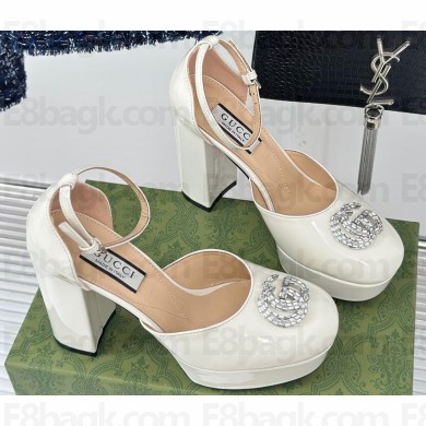 Gucci Heel 11.5cm Women's platform 3.5cm pumps with crystals Double G 762386 Patent White 2023