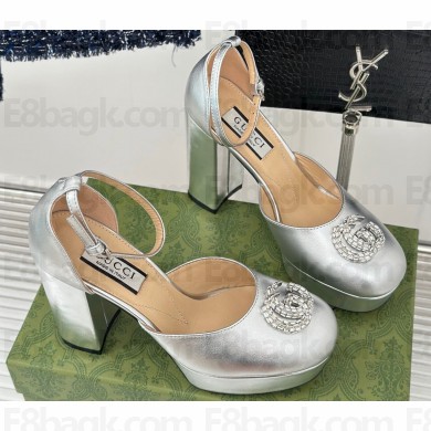 Gucci Heel 11.5cm Women's platform 3.5cm pumps with crystals Double G 762386 Metallic silver 2023