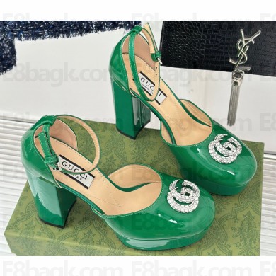 Gucci Heel 11.5cm Women's platform 3.5cm pumps with crystals Double G 762386 Patent Green 2023