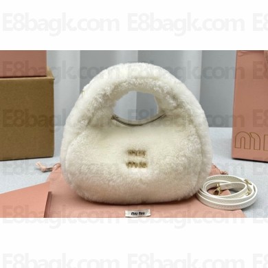 Miu Miu Wander shearling hobo mini-bag with leather details 5BP078 White 2023