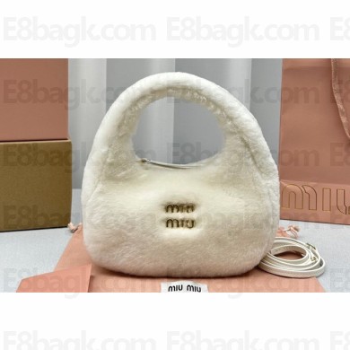 Miu Miu Wander shearling hobo bag with leather details 5BC125 White 2023