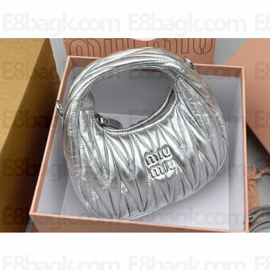 Miu Miu Wander matelassé nappa leather hobo mini-bag 5BP078 Silver 2023