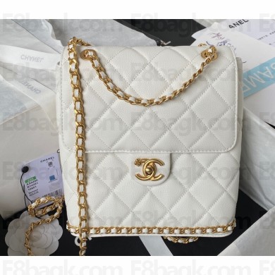 Chanel Grained Calfskin & Gold-Tone Metal Chain Backpack Bag AS4490 White 2023