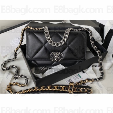Chanel 19 Shiny Lambskin Wallet On Chain WOC Bag AP3267 Black/Silver 2023