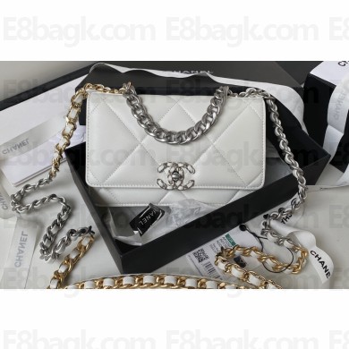 Chanel 19 Shiny Lambskin Wallet On Chain WOC Bag AP3267 White/Silver 2023