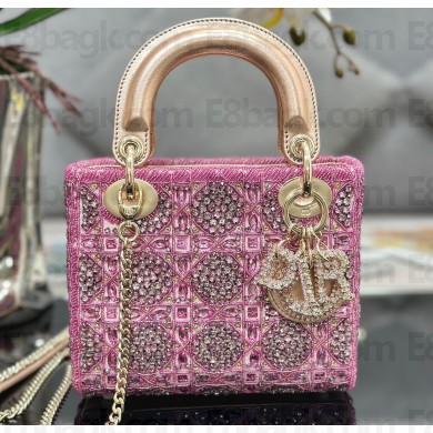 Dior Mini Lady Dior Bag in Metallic Calfskin and Satin withRose Des Vents Resin Pearl Embroidery