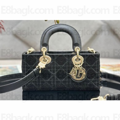 Dior Small Lady D-Joy Bag in Black Cannage Cotton with Micropearl Embroidery