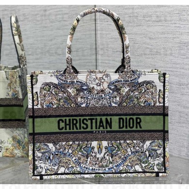 Dior Medium Book Tote Bag in White and Green Butterfly Around The World Embroidery