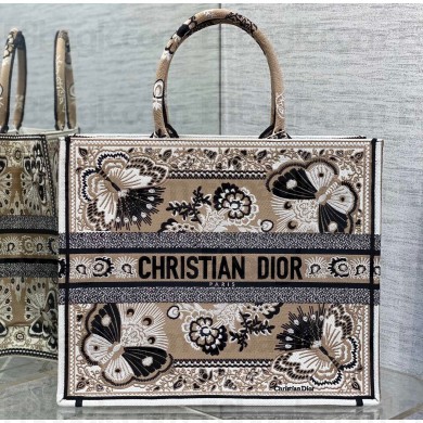 Dior Large Book Tote Bag in Beige Multicolor Butterfly Bandana Embroidery