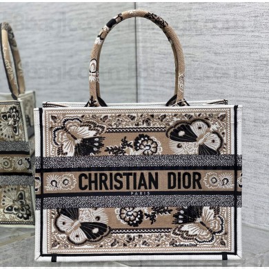 Dior Medium Book Tote Bag in Beige Multicolor Butterfly Bandana Embroidery