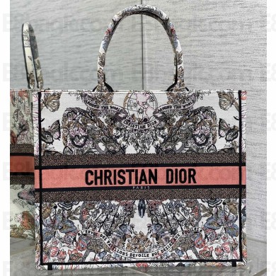 Dior Large Book Tote Bag in White and Pastel Pink Butterfly Around The World Embroidery