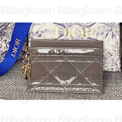 Dior Lady Dior Five-Slot Card Holder in Patent Cannage Calfskin Gray