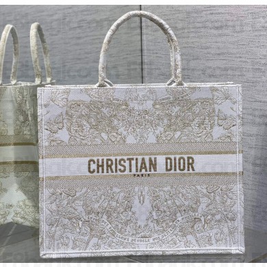Dior Large Book Tote Bag in Gold-tone and White Butterfly Around The World Embroidery