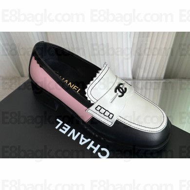 Chanel Heel 4.5cm Calfskin Moccasins G45180 Black/White/Pink 2024