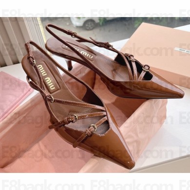 Miu Miu Heel 3cm Patent leather slingbacks Brown with buckles 2024