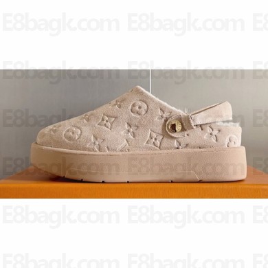 Louis Vuitton Heel 4cm Aspen Platform Clogs in Monogram-debossed suede calf leather and shearling Beige 2024