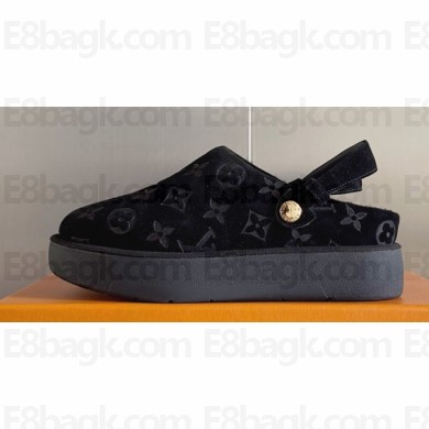 Louis Vuitton Heel 4cm Aspen Platform Clogs in Monogram-debossed suede calf leather and shearling Black 2024