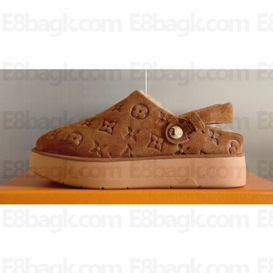 Louis Vuitton Heel 4cm Aspen Platform Clogs in Monogram-debossed suede calf leather and shearling Brown 2024