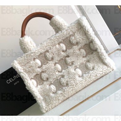 Celine small cabas thais bag in SHEARLING WITH TRIOMPHE EMBROIDERIES 199163 Natural / Tan